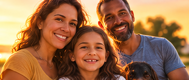 Família sorrindo ao entardecer